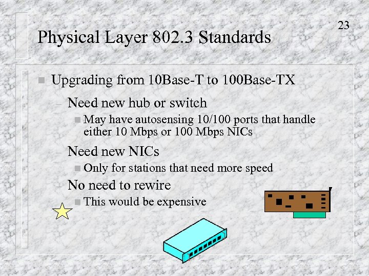 Physical Layer 802. 3 Standards n Upgrading from 10 Base-T to 100 Base-TX –