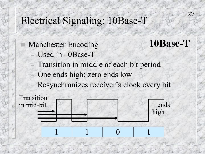 27 Electrical Signaling: 10 Base-T n 10 Base-T Manchester Encoding – Used in 10