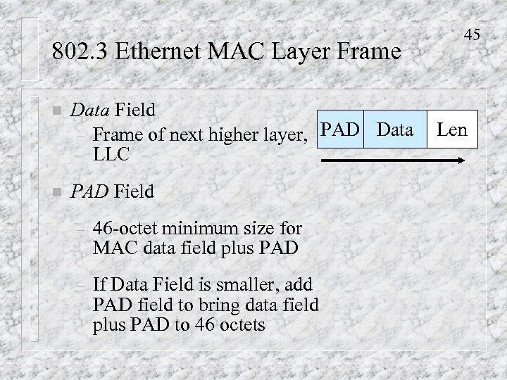 802. 3 Ethernet MAC Layer Frame n Data Field – Frame of next higher