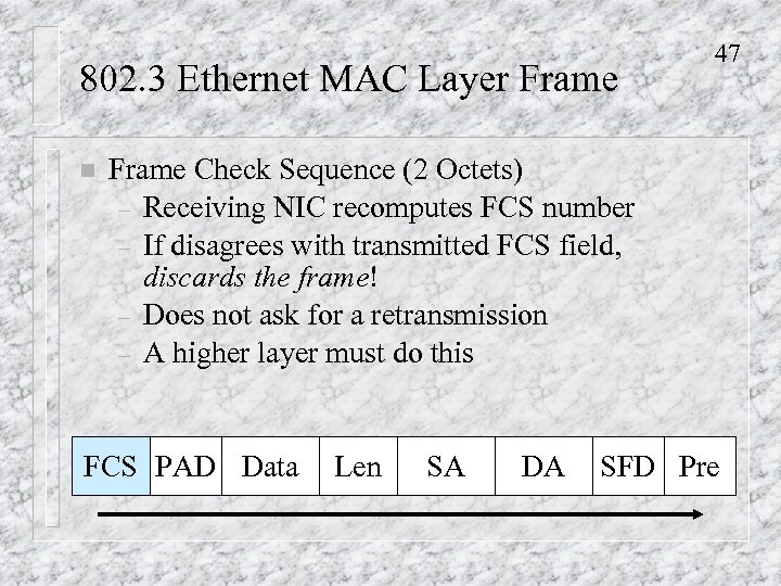 802. 3 Ethernet MAC Layer Frame n 47 Frame Check Sequence (2 Octets) –