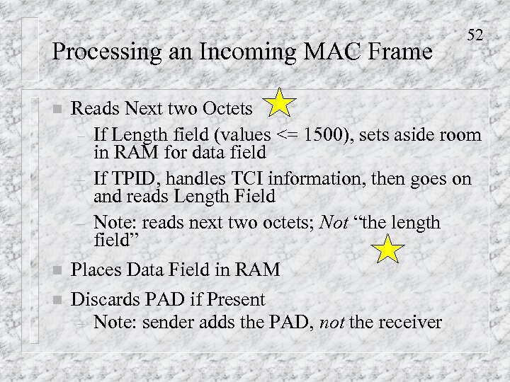 Processing an Incoming MAC Frame 52 n Reads Next two Octets – If Length