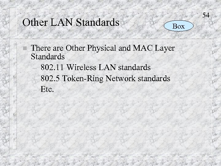 Other LAN Standards n 54 Box There are Other Physical and MAC Layer Standards