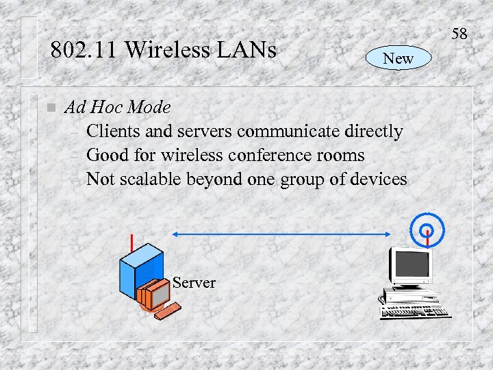 802. 11 Wireless LANs n 58 New Ad Hoc Mode – Clients and servers