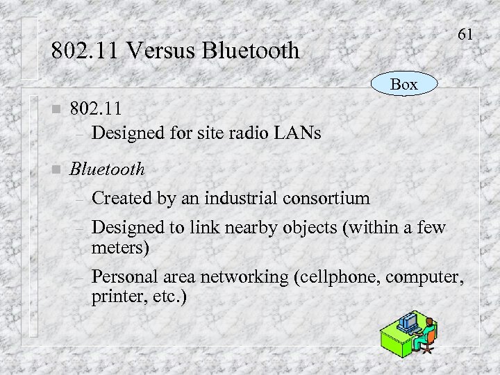 61 802. 11 Versus Bluetooth Box n 802. 11 – Designed for site radio