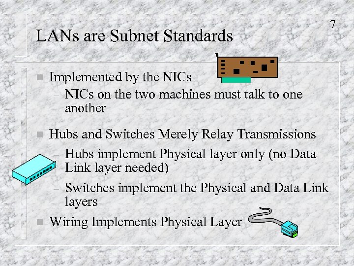 LANs are Subnet Standards n Implemented by the NICs – NICs on the two