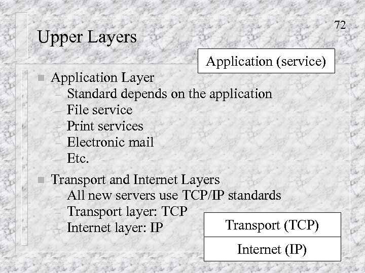 72 Upper Layers Application (service) n Application Layer – Standard depends on the application