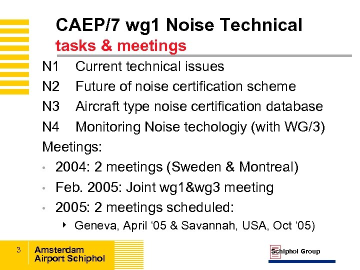 CAEP/7 wg 1 Noise Technical tasks & meetings N 1 Current technical issues N