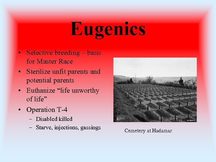 Eugenics • Selective breeding – basis for Master Race • Sterilize unfit parents and