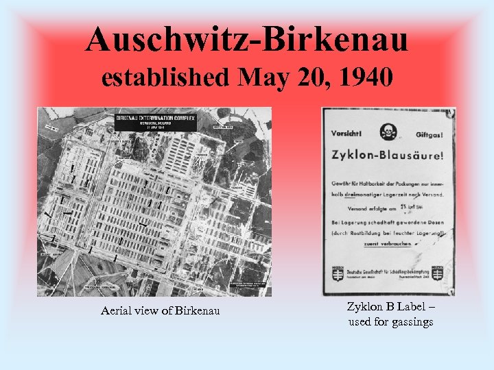 Auschwitz-Birkenau established May 20, 1940 Aerial view of Birkenau Zyklon B Label – used