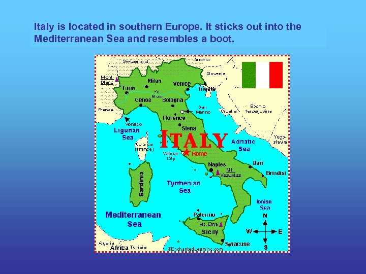 Italy is located in southern Europe. It sticks out into the Mediterranean Sea and