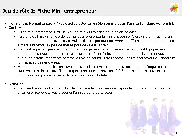 Jeu de rôle 2: Fiche Mini-entrepreneur • Instruction: Ne parlez pas a l’autre acteur.