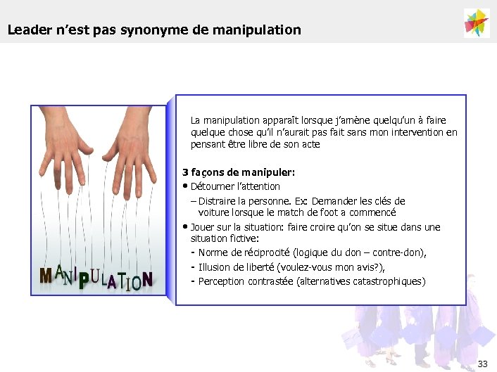 Leader n’est pas synonyme de manipulation La manipulation apparaît lorsque j’amène quelqu’un à faire