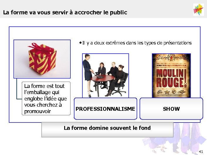 La forme va vous servir à accrocher le public • Il y a deux