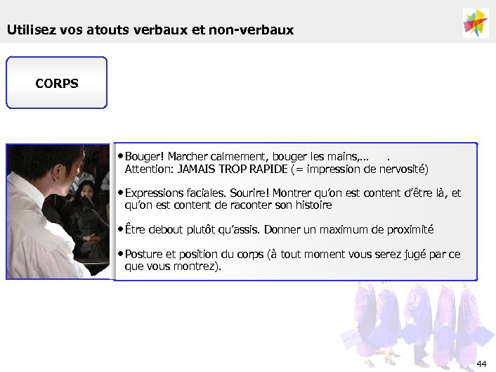 Utilisez vos atouts verbaux et non-verbaux CORPS • Bouger! Marcher calmement, bouger les mains,