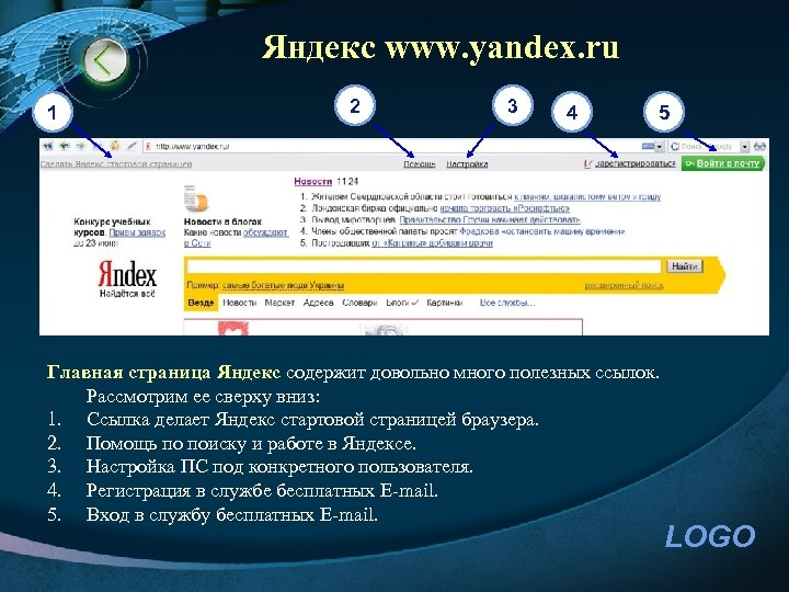 Яндекс www. yandex. ru 1 2 3 4 5 Главная страница Яндекс содержит довольно