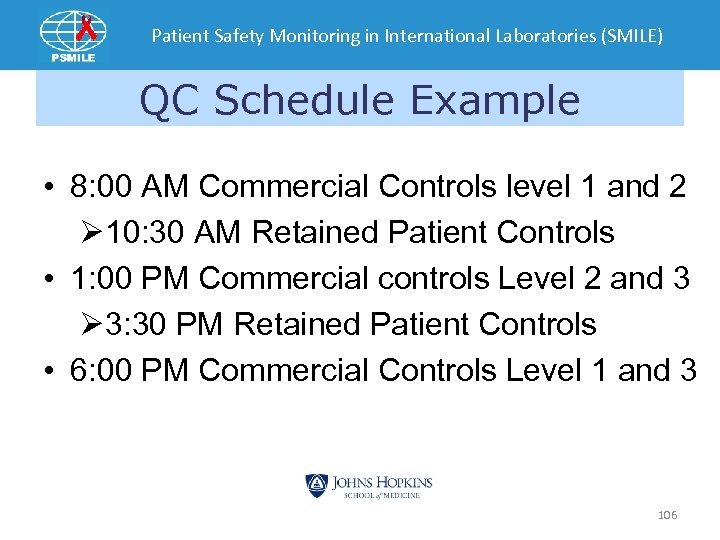 Patient Safety Monitoring in International Laboratories (SMILE) QC Schedule Example • 8: 00 AM