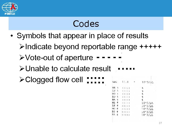 Codes • Symbols that appear in place of results ØIndicate beyond reportable range +++++