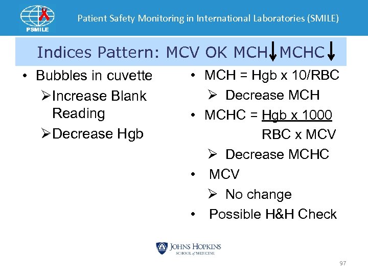 Patient Safety Monitoring in International Laboratories (SMILE) Indices Pattern: MCV OK MCHC • Bubbles