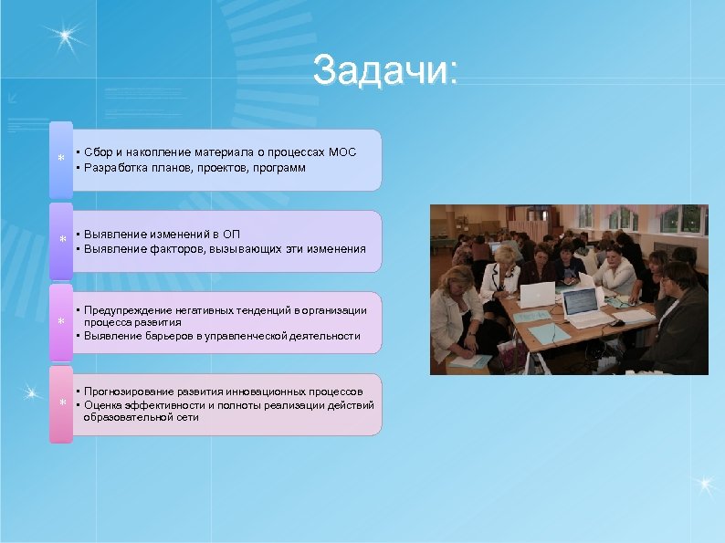 Задачи: * • Сбор и накопление материала о процессах МОС • Разработка планов, проектов,