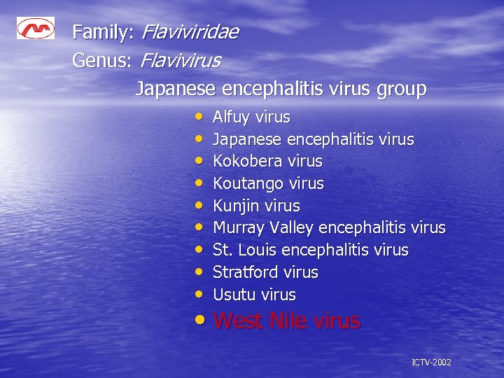 Family: Flaviviridae Genus: Flavivirus Japanese encephalitis virus group • Alfuy virus • Japanese encephalitis