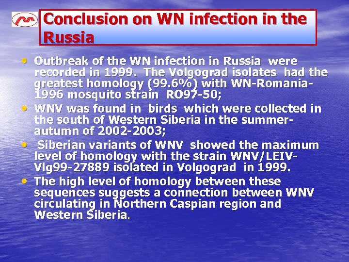 Conclusion on WN infection in the Russia • Outbreak of the WN infection in