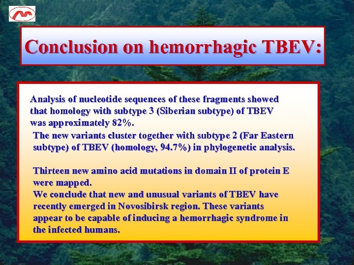 Conclusion on hemorrhagic TBEV: Analysis of nucleotide sequences of these fragments showed that homology