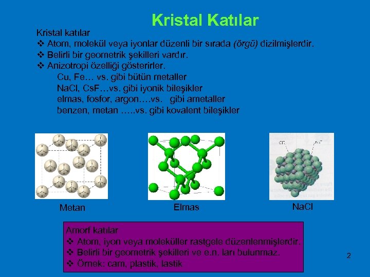 Kristal Katılar Kristal katılar v Atom, molekül veya iyonlar düzenli bir sırada (örgü) dizilmişlerdir.
