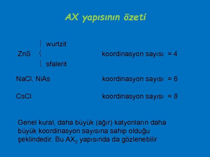 AX yapısının özeti Zn. S wurtzit sfalerit koordinasyon sayısı = 4 Na. Cl, Ni.