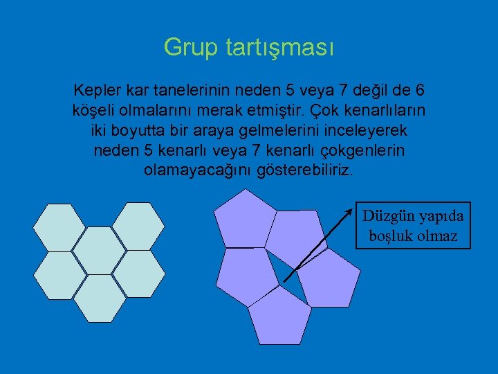 Grup tartışması Kepler kar tanelerinin neden 5 veya 7 değil de 6 köşeli olmalarını