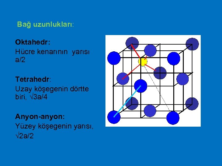 Bağ uzunlukları: Oktahedr: Hücre kenarının yarısı a/2 Tetrahedr: Uzay köşegenin dörtte biri, 3 a/4