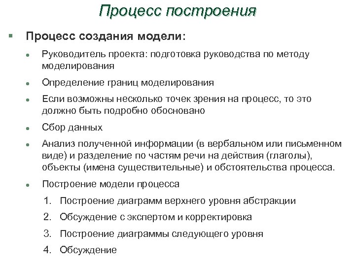 Процесс построения § Процесс создания модели: l l l Руководитель проекта: подготовка руководства по