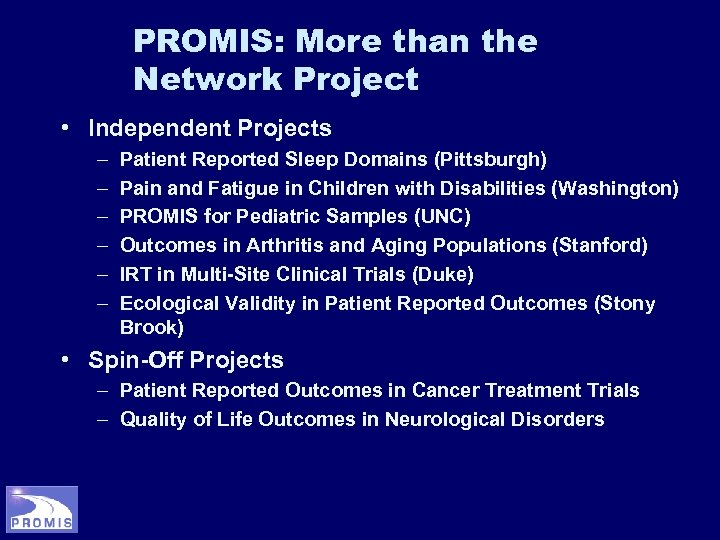 PROMIS: More than the Network Project • Independent Projects – – – Patient Reported