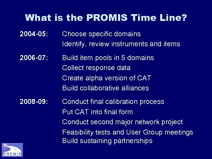 What is the PROMIS Time Line? 2004 -05: Choose specific domains Identify, review instruments