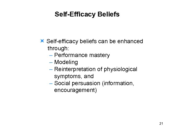 Self-Efficacy Beliefs Self-efficacy beliefs can be enhanced through: – Performance mastery – Modeling –