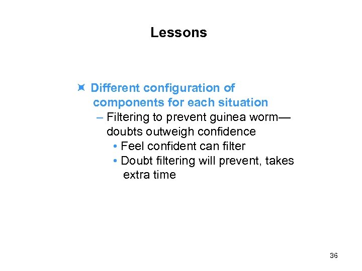 Lessons Different configuration of components for each situation – Filtering to prevent guinea worm—