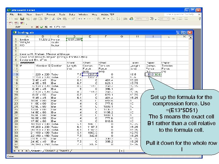 Set up the formula for the compression force. Use =(E 13*$D$1) The $ means