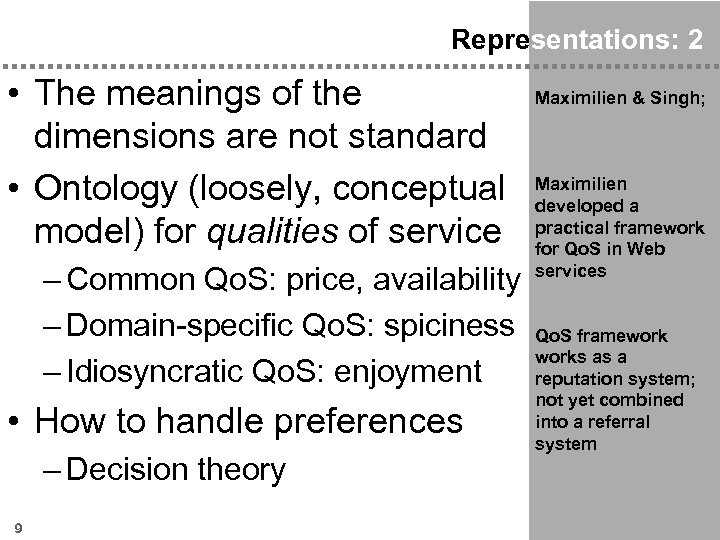 Representations: 2 • The meanings of the dimensions are not standard • Ontology (loosely,