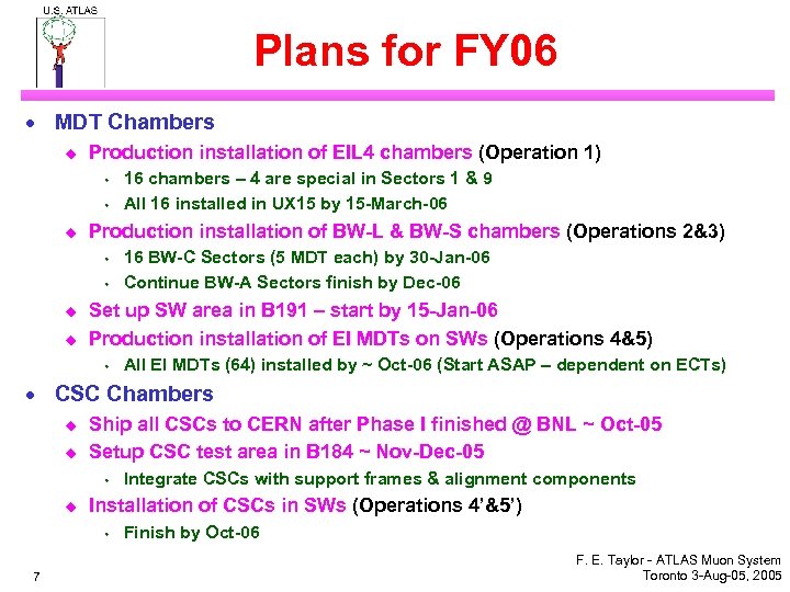 Plans for FY 06 · MDT Chambers u Production installation of EIL 4 chambers