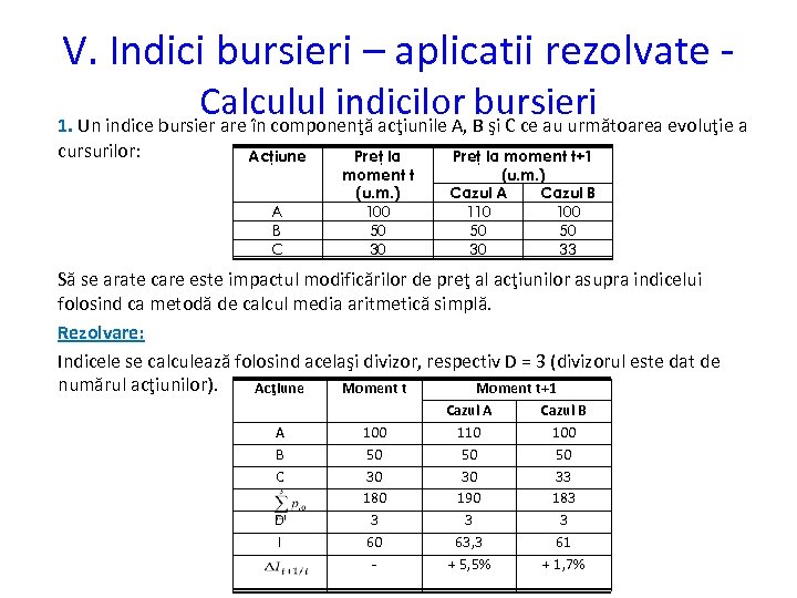 V. Indici bursieri – aplicatii rezolvate - Calculul indicilor B şi C ce au