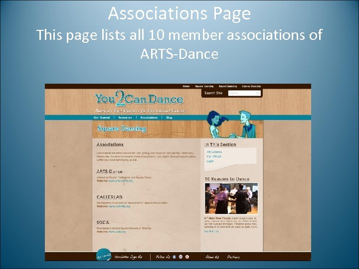Associations Page This page lists all 10 member associations of ARTS-Dance 