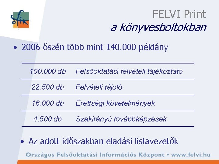 FELVI Print a könyvesboltokban • 2006 őszén több mint 140. 000 példány 100. 000