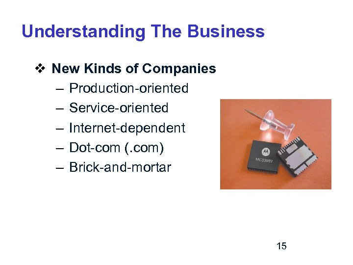 Understanding The Business v New Kinds of Companies – Production-oriented – Service-oriented – Internet-dependent