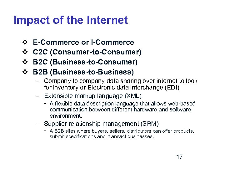 Impact of the Internet v v E-Commerce or I-Commerce C 2 C (Consumer-to-Consumer) B