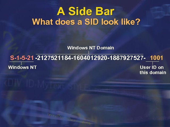 A Side Bar What does a SID look like? Windows NT Domain S-1 -5