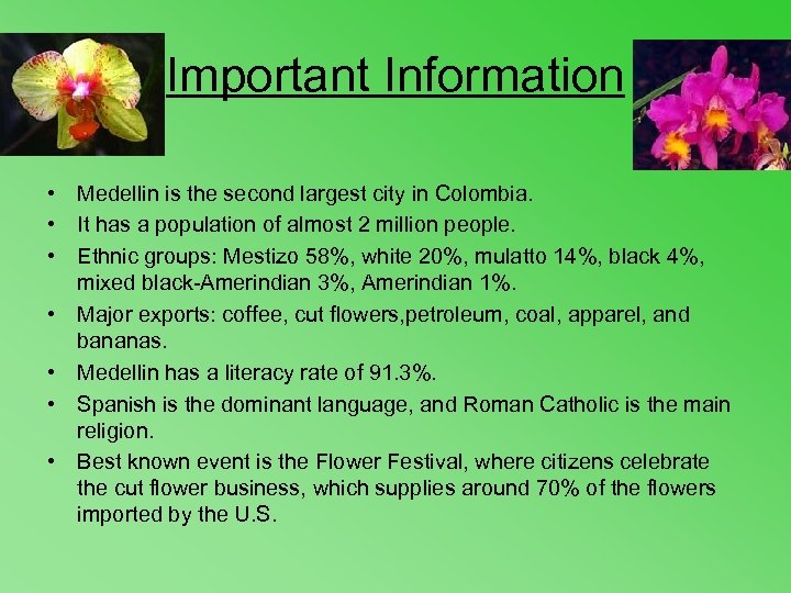 Important Information • Medellin is the second largest city in Colombia. • It has