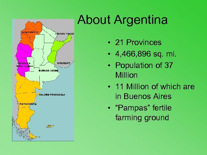  About Argentina • 21 Provinces • 4, 466, 896 sq. mi. • Population