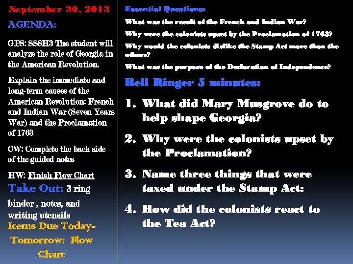 September 30, 2013 Essential Questions: AGENDA: What was the result of the French and