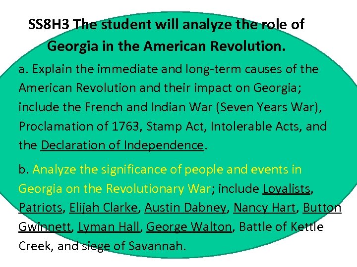 SS 8 H 3 The student will analyze the role of Georgia in the