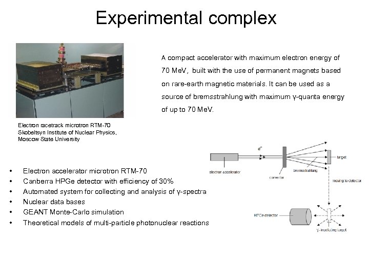 Experimental complex A compact accelerator with maximum electron energy of 70 Me. V, built