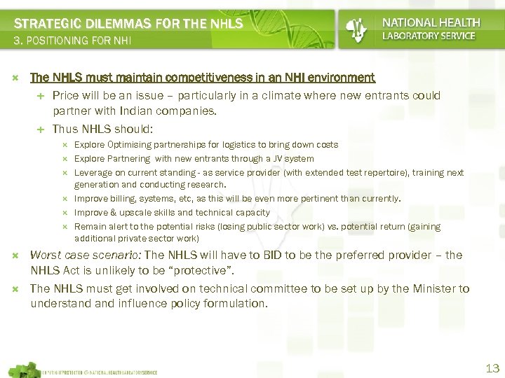 STRATEGIC DILEMMAS FOR THE NHLS 3. POSITIONING FOR NHI The NHLS must maintain competitiveness